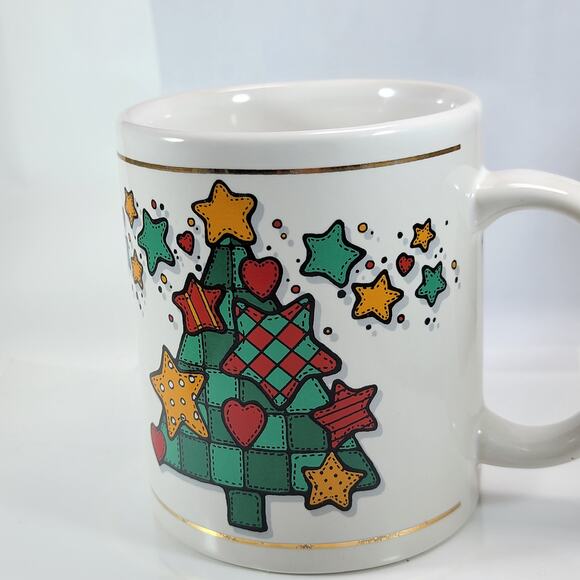 Vintage 1997 Christmas Mug JII Patchwork Tree Stars Holiday Coffee Cup - Picture 8 of 10